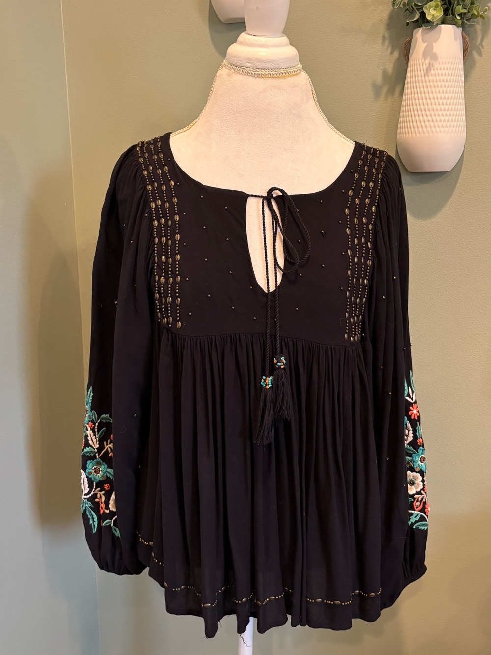 Floreat Anthropologie Bohemian Embroidered Black Peasant Blouse with Tassel Tie